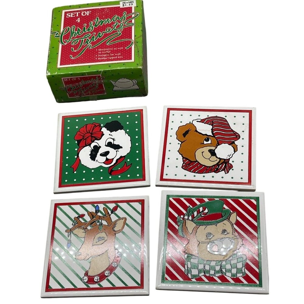 set of 4 Christmas trivets decorative wall hanging rubber feet bears cat READ
